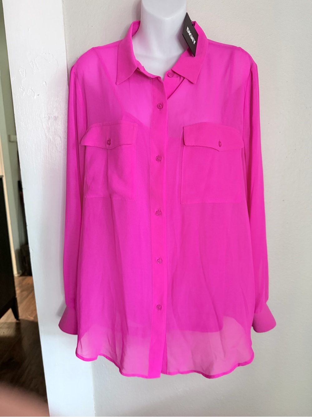 NWT DKNY Pink sheer long-sleeve button-up blouse Large